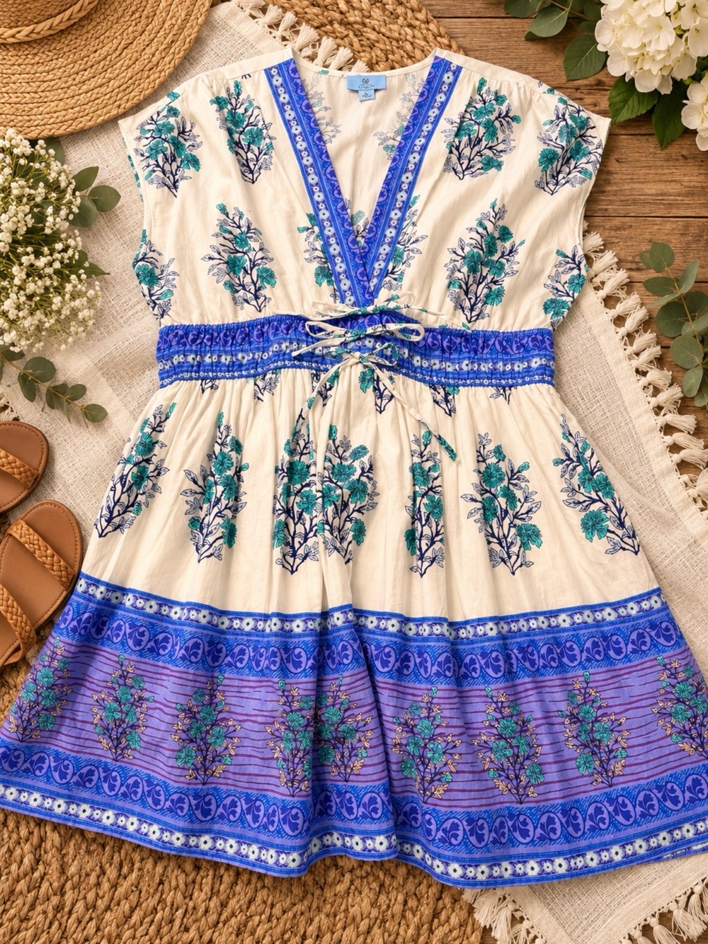 Blue and White Floral Border-Print Dress